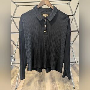 Madewell Black Ribbed Long Sleeve Polo With Belle Sleeves